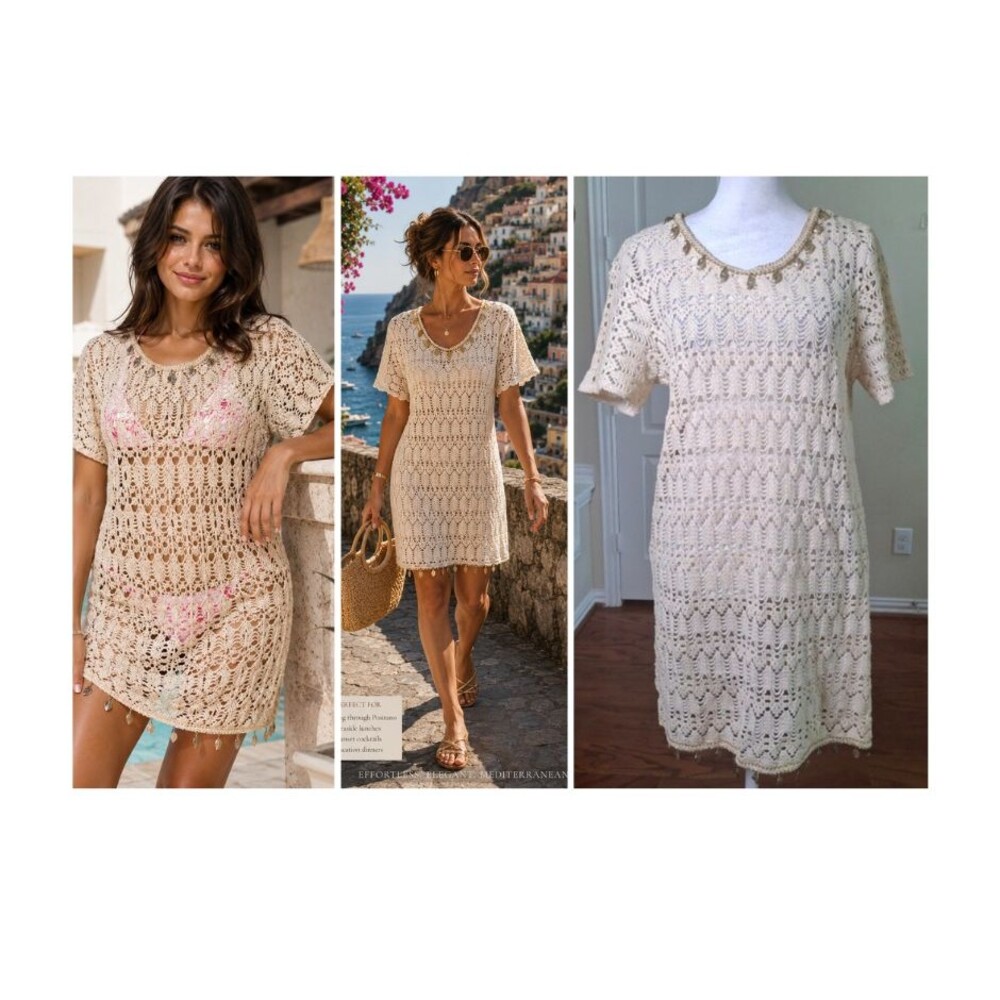 Vintage Crochet Swim Cover Dress S Vacation Gold Leaf Charm Trim Boho Resort